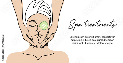 Massage of face and head. Spa treatments simple vector banner, poster, background with masseur hands. One continuous line art of spa treatments