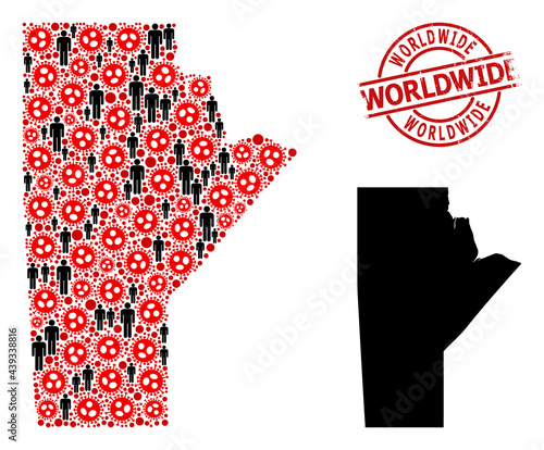 Collage map of Manitoba Province composed of flu virus items and demographics elements. Worldwide grunge stamp. Black crowd elements and red sars virus items.