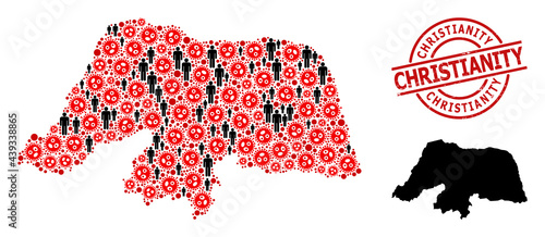 Collage map of Rio Grande do Norte State organized from sars virus items and people elements. Christianity textured seal stamp. Black men icons and red flu virus items.