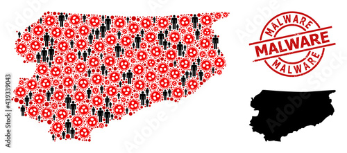 Collage map of Warmia-Masuria Province designed from sars virus icons and people icons. Malware distress badge. Black people icons and red virus outbreak elements.