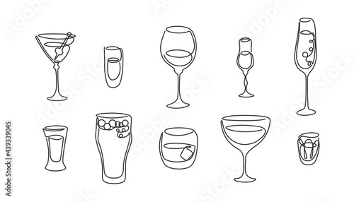 One line drawing martini rum red wine liquor champagne tequila beer whiskey vermouth vodka glass on white background. Freehand black white cartoon graphic sketch. Hand drawn continuous line way