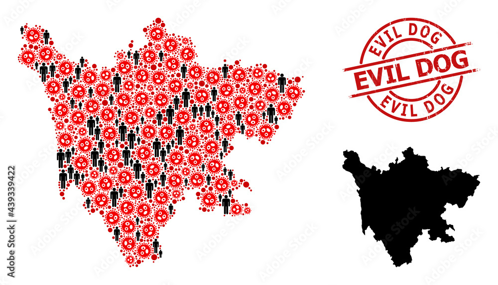 Collage map of Sichuan Province designed from virus outbreak icons and population icons. Evil Dog distress stamp. Black men items and red flu virus icons. Evil Dog caption inside round stamp.