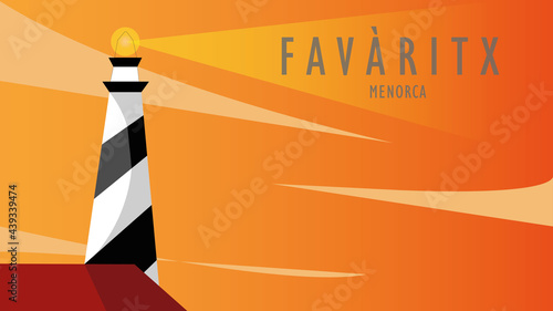 Illustration of the Favàritx Lighthouse located in Menorca, Spain, during a sunset or sunrise. Light from the lighthouse illuminated the waters of the Mediterranean Sea.