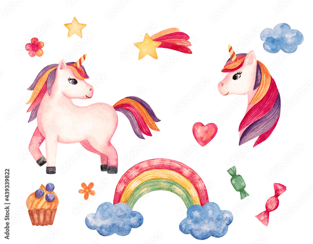 Fototapeta premium Watercolor illustration with a unicorn pony, rainbow, cloud, heart and candy. A set for the design of nurseries and child posters