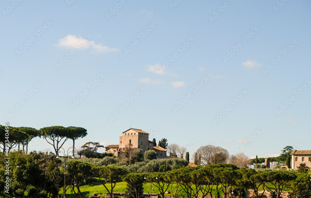 Rome, Palatine Hill. View of Church of San Bonaventura al Palatino. It´s a small Franciscan monastery church built in the 17th century.