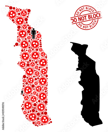 Mosaic map of Togo composed of sars virus elements and humans elements. Do Not Block distress badge. Black crowd elements and red sars virus icons. Do Not Block title is inside round seal.