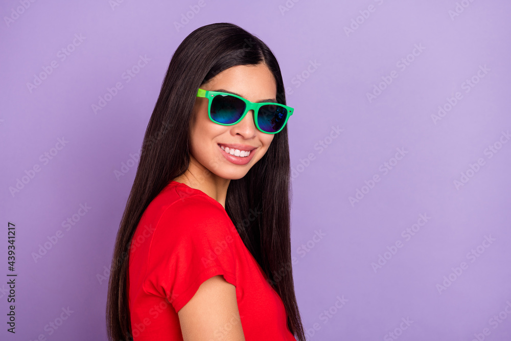 Profile photo of sweet millennial brunette hairdo lady wear spectacles red t-shirt isolated on pastel violet color background Profile photo of sweet millennial brunette hairdo lady wear spectacles red t-shirt isolated on pastel violet color background