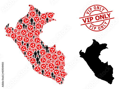 Mosaic map of Peru composed of SARS virus items and humans items. Vip Only textured watermark. Black crowd icons and red sars virus icons. Vip Only phrase inside round watermark.