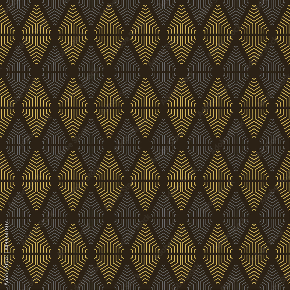 Foto auf Acrylglas mit Modisches Hintergrundmuster mit geometrischer Verzierung auf schwarzem Hintergrund, Tapete. Nahtloses Muster, Textur. Vektorbild #439341807