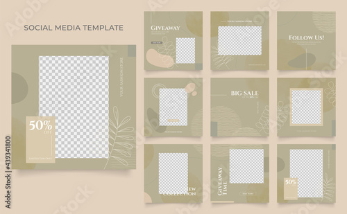 social media template blog fashion sale promotion. fully editable instagram and facebook square post frame organic sale poster. green brown watercolor ad banner vector background