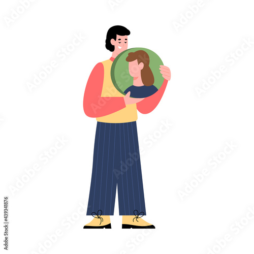 Man with avatar of his social media penfriend flat vector illustration isolated.