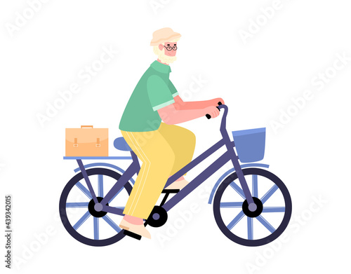 Active elderly man takes a bike ride cartoon vector illustration isolated.