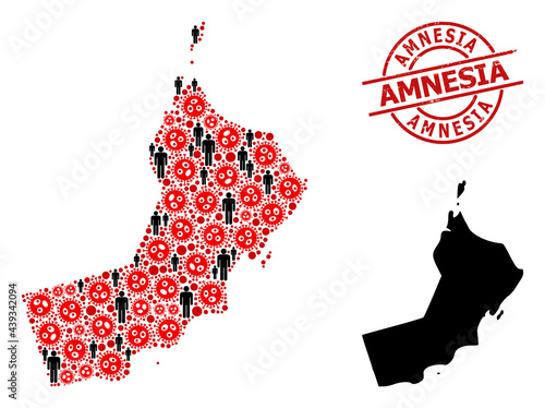 Collage map of Oman united from SARS virus icons and men elements. Amnesia textured watermark. Black men symbols and red sars virus icons. Amnesia title is inside round seal stamp.