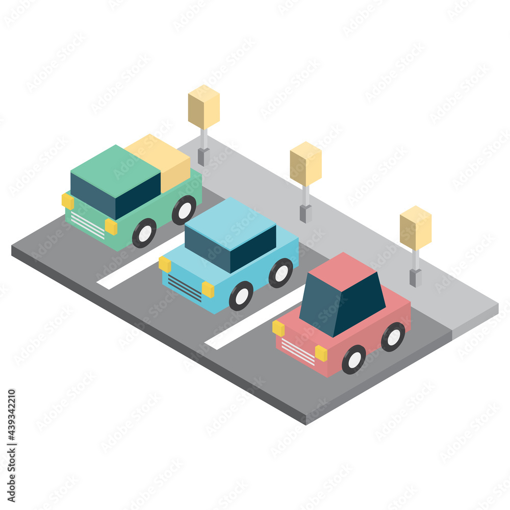 Cute car in parking. Vehicles isometric 3d style. Full parking. Transport icon. Vector illustration. Cute car in parking. Vehicles isometric 3d style. Full parking. Transport icon. Vector illustration.