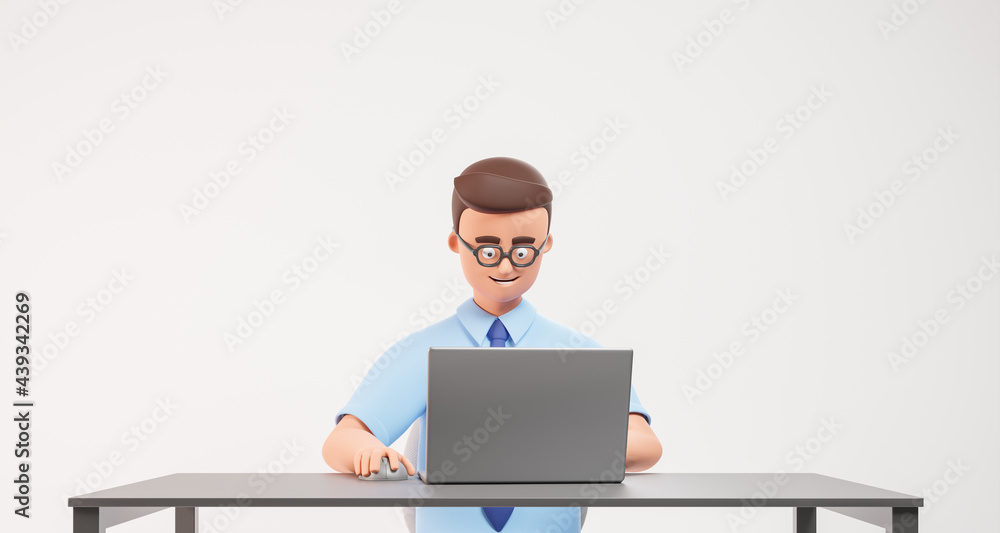 Happy cartoon character businessman in glasses shirt and blue tie work with laptop on table over white background.