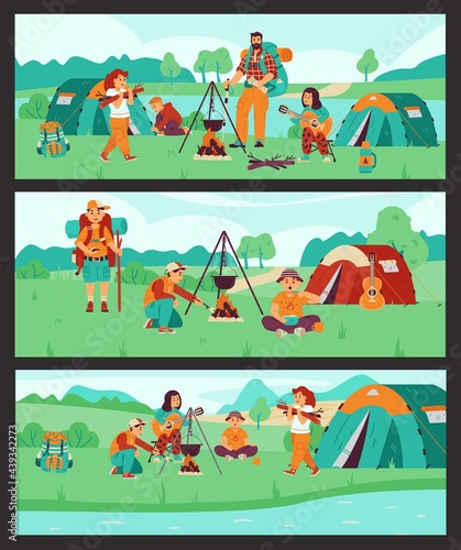 Scout camping banners set with children at campfire, flat vector illustration.