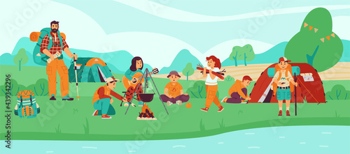 Children scouts or campers at campsite in forest, flat vector illustration.