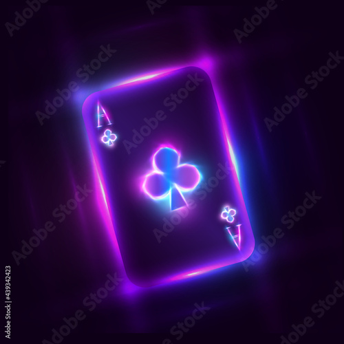 Neon ace of clubs for poker and casino. Vector illustration on the background. A  neon card, a glowing bright ace from a deck of playing cards. Gambling. Winner card. photo