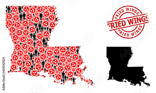 Mosaic map of Louisiana State composed of flu virus icons and people icons. Fried Wings grunge seal. Black men icons and red sars virus icons. Fried Wings text inside round watermark.