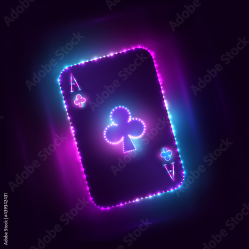 Ace of clubs for poker and casino. Vector illustration on the background. A  neon card, a glowing bright ace from a deck of playing cards. Gambling. Winner card.