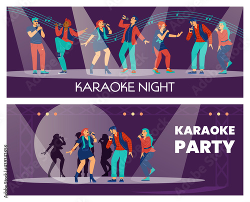 Karaoke club posters set with cartoon characters, flat vector illustration.