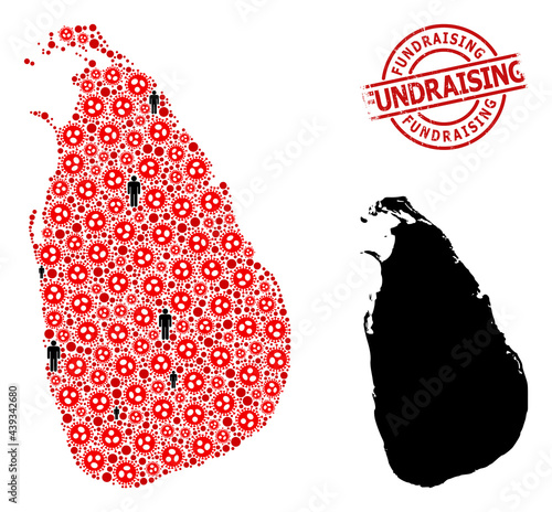 Collage map of Sri Lanka organized from sars virus icons and people items. Fundraising distress seal stamp. Black people icons and red covid infection items. Fundraising caption inside round stamp.