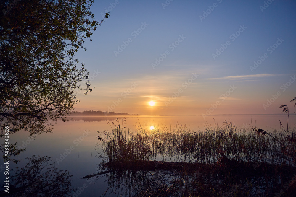 Morning by the lake. Beautiful spring sunrise