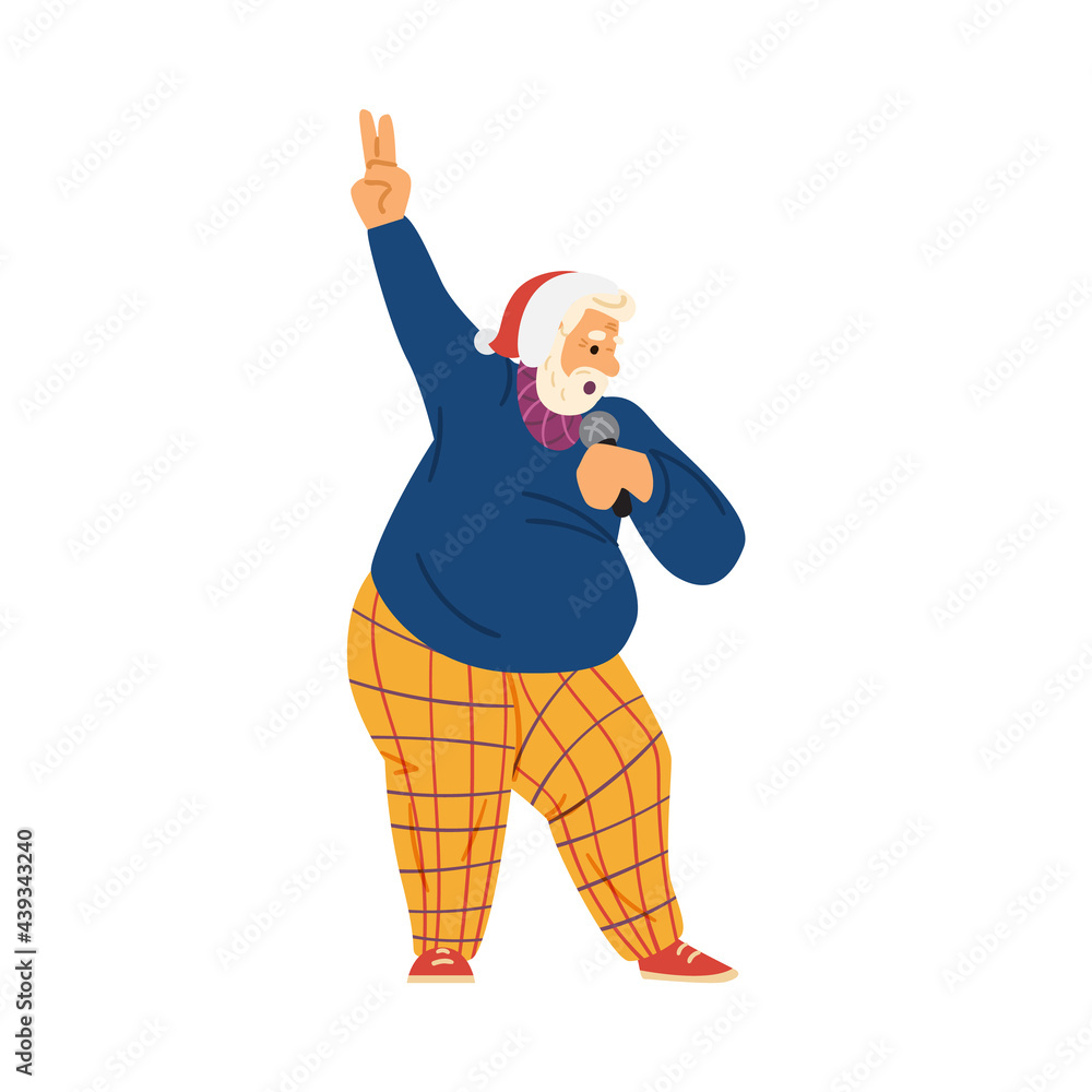 Elderly man in Christmas hat singing, flat vector illustration isolated. Elderly man in Christmas hat singing, flat vector illustration isolated.