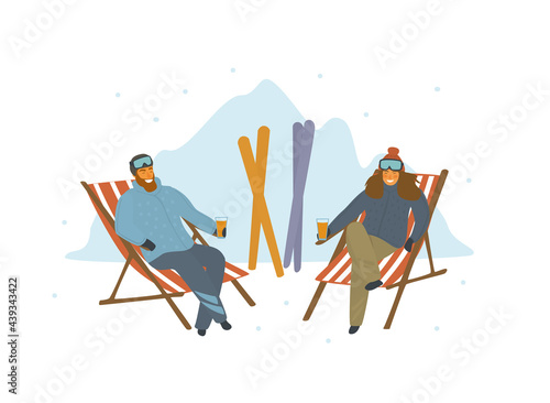 man and woman skiers relaxing after skiing on lounge chairs at resort, cartoon isolated vector illustration scene
