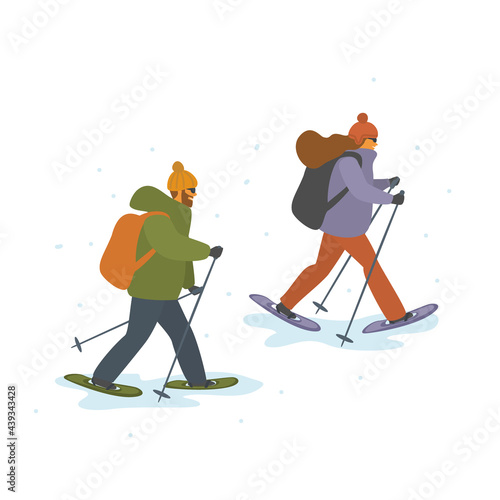 man and woman winter snowshoeing isolated vector cartoon illustration scene