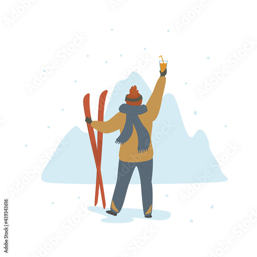 mana celebrating winter holidays in ski resort back view cartoon isolated vector scene graphic