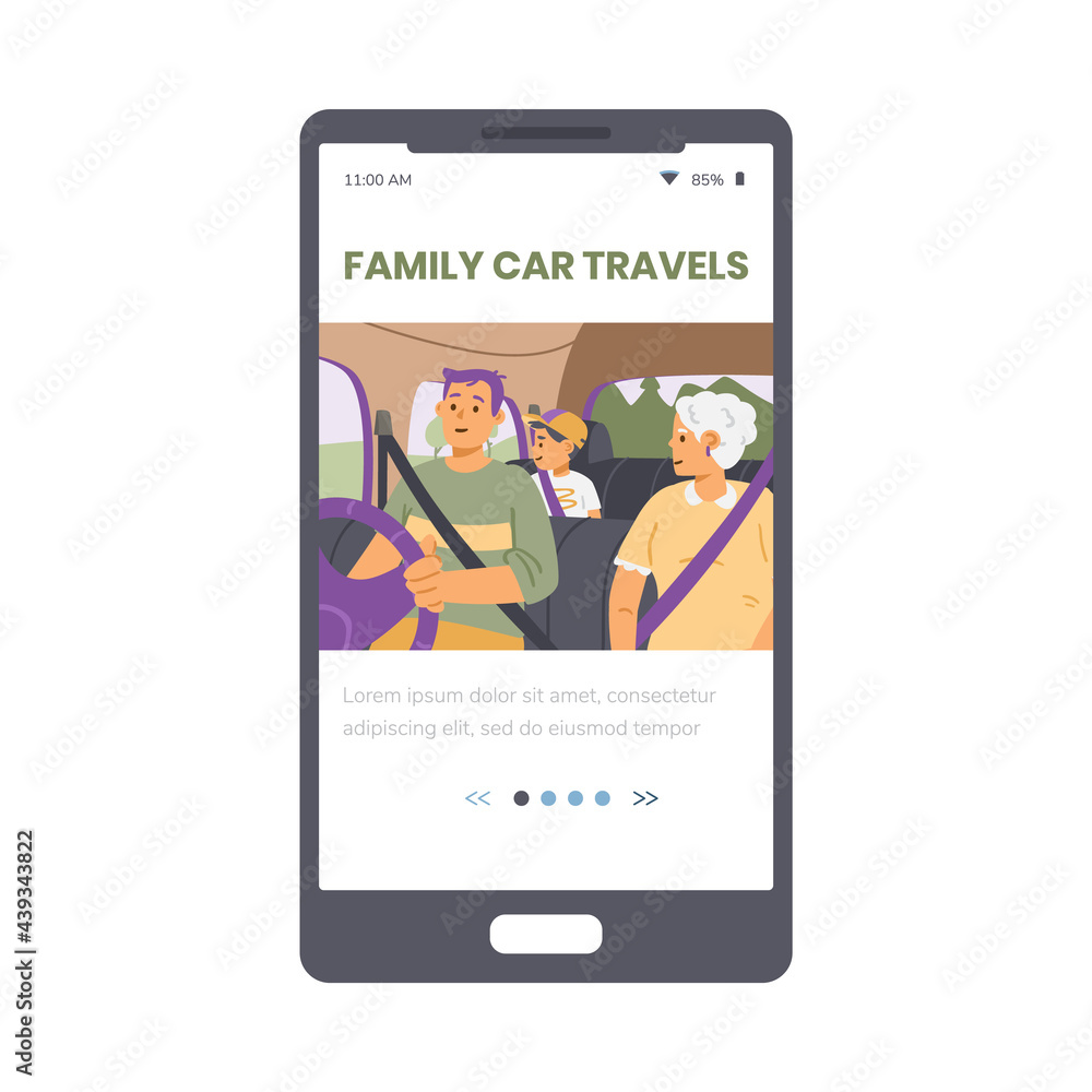 Family car travels onboarding page with people in car flat vector illustration. Family car travels onboarding page with people in car flat vector illustration.