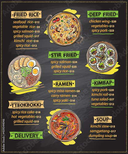 Vector chalk menu of asian food, chalkboard menu with ramen