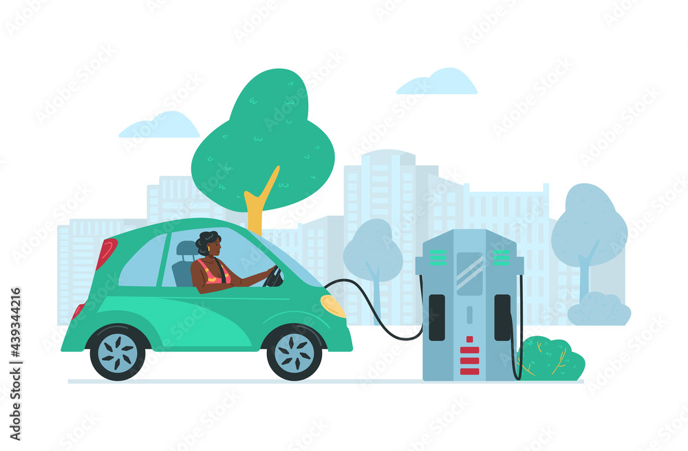 Environment friendly electric cars service, flat vector illustration isolated.