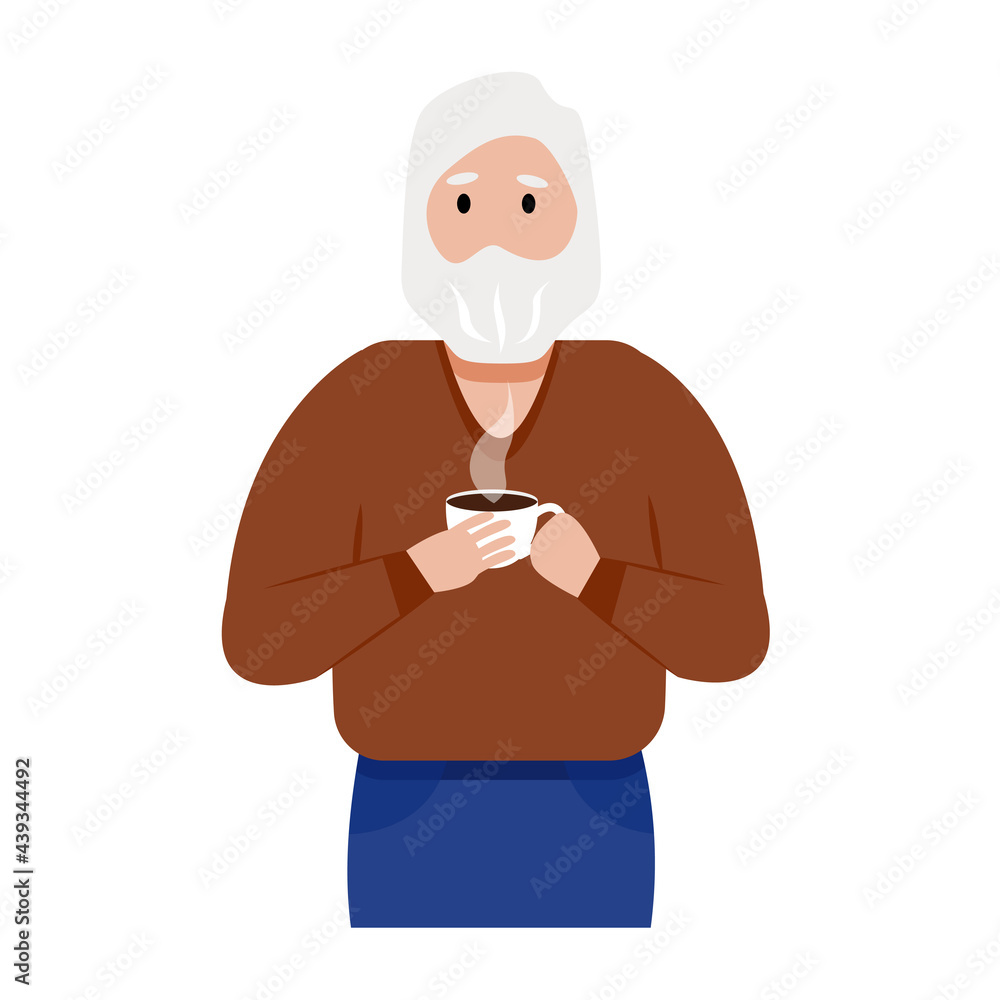 A gray-haired elderly man with a beard drinks hot coffee. Cartoon male character holding cup of beverage. Vector illustration