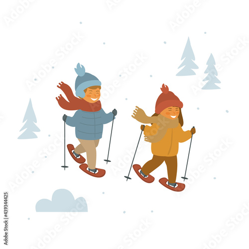 cute children boy and girl snowshoeing in winter forest isolated vector illustration cartoon graphic