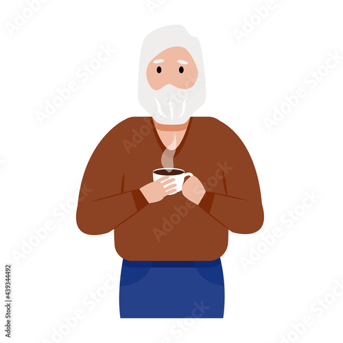 A gray-haired elderly man with a beard drinks hot coffee. Cartoon male character holding cup of beverage. Vector illustration