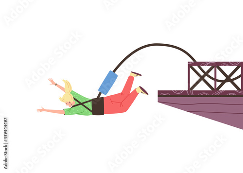 Man jumping with bungee from bridge, flat vector illustration isolated.