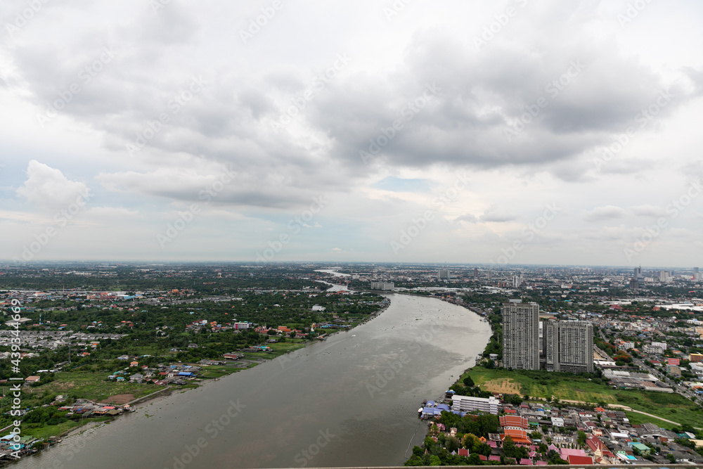Nonthaburi ,Thailand. -MAY 28, 2019 Top view of city and Chao Phraya River and Nonthaburi Bridge. Location in Nonthaburi province, Thailand