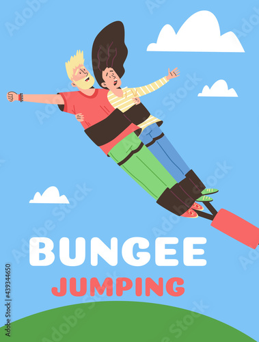 Banner or poster template for fun bungee jumping, flat vector illustration.