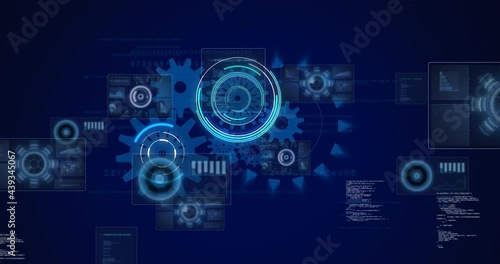 Animation of cogs spinning, scope scanning and data processing photo