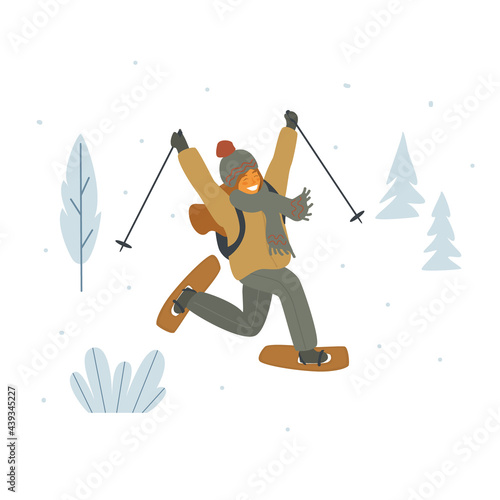 happy cute girl snowshoeing in winter forest isolated vector illustration graphic