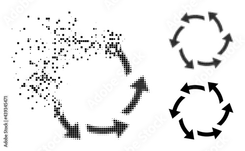 Dissolved dot centrifugal arrows pictogram with wind effect, and halftone vector pictogram. Pixelated dissipating effect for centrifugal arrows gives speed and motion of cyberspace matter.