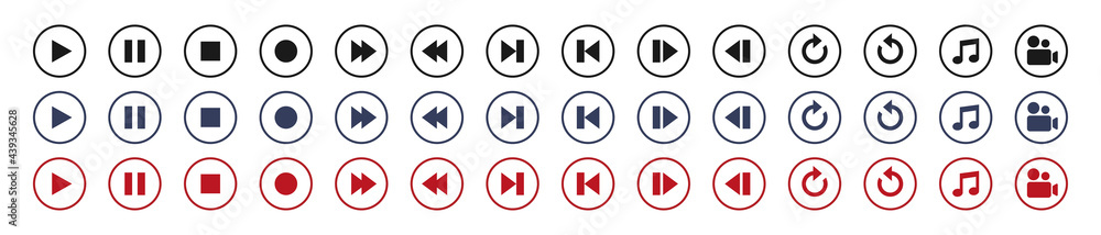 Media player button icons set, play button and pause sign. Video and audio player. Modern design. Media player button icons set, play button and pause sign. Video and audio player. Modern design.