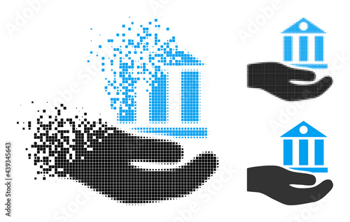 Fragmented pixelated bank service icon with wind effect, and halftone vector icon. Pixelated dust effect for bank service shows speed and motion of cyberspace concepts.