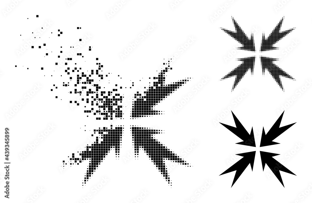 Disintegrating dot compression arrows icon with destruction effect, and halftone vector icon. Pixelated dematerialization effect for compression arrows gives speed and motion of cyberspace objects. Disintegrating dot compression arrows icon with destruction effect, and halftone vector icon. Pixelated dematerialization effect for compression arrows gives speed and motion of cyberspace objects.