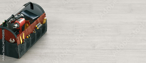 Fototapeta Naklejka Na Ścianę i Meble -  Builder's equipment - blueprints of architecture interior, protective gloves and industrial helmet. 3d rendering