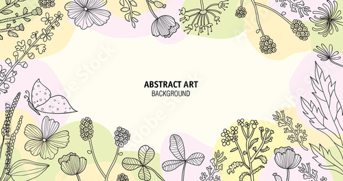 Botanical art pink background vector. Wallpaper with leaf, flower and butterfly. Design for text, packaging, prints, wall decoration.