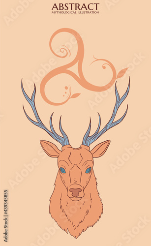 illustration with orange and blue deer head and Triskelion 