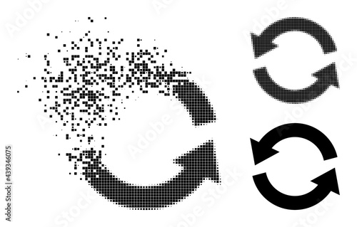 Erosion dotted refresh pictogram with destruction effect, and halftone vector icon. Pixel dissolution effect for refresh shows speed and motion of cyberspace matter.